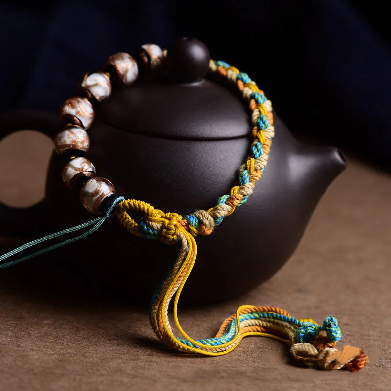 Buddha Stones Handmade Multicolored Rope Liuli Glass Bead Fortune Braided Bracelet
