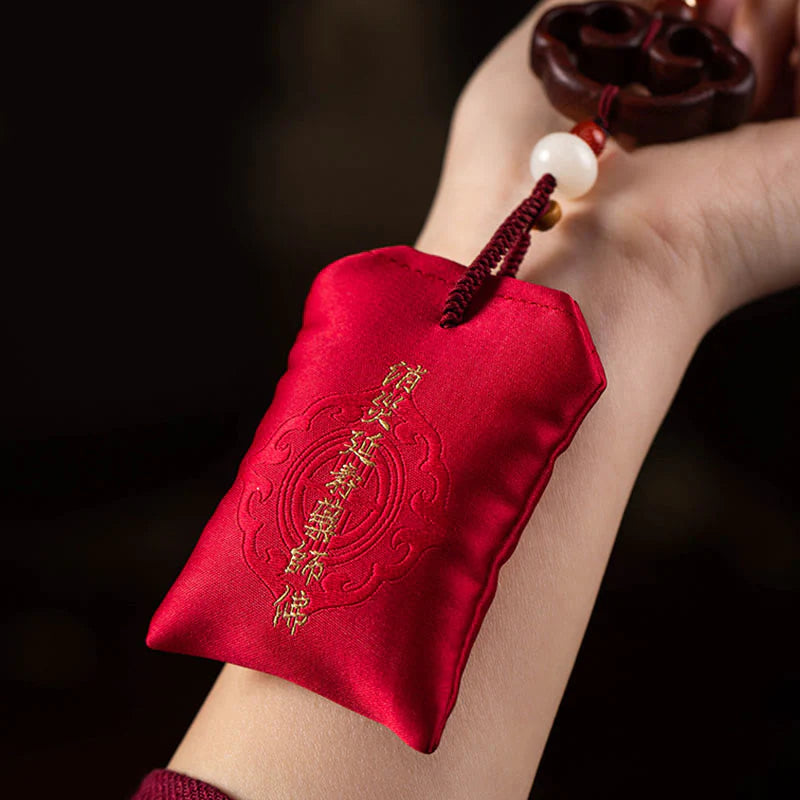 Buddha Stones Tibetan Small Leaf Red Sandalwood Lotus Cinnabar Sachet Protection Tassel Car Hanging Decoration