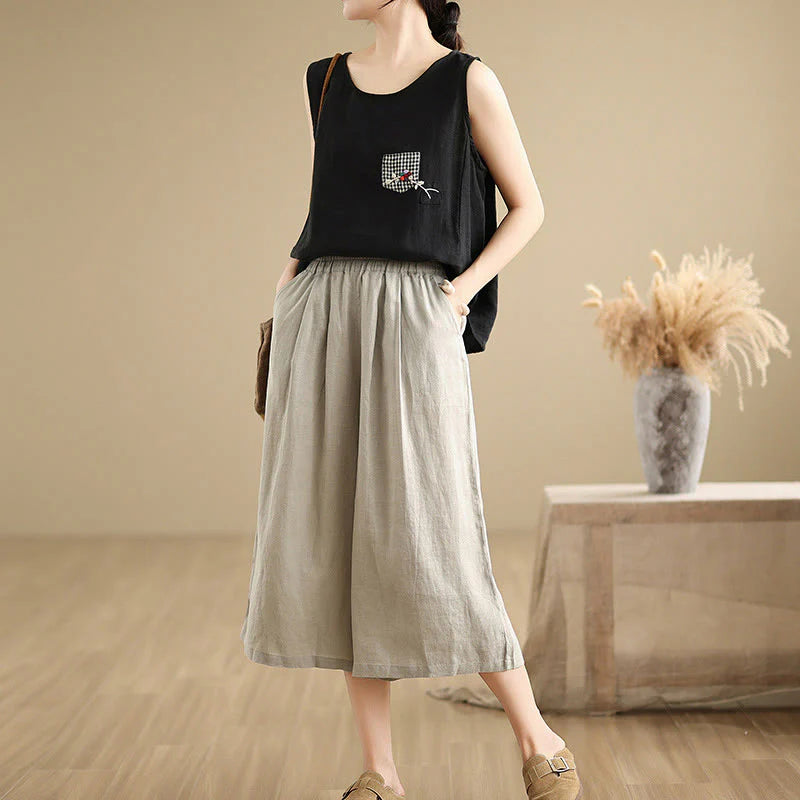Buddha Stones Summer Solid Color Patchwork Simple Design Women's Cotton Wide Leg Cropped Pants With Pockets