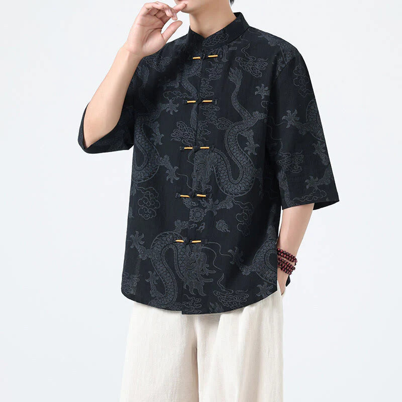 Buddha Stones Summer Dragon Auspicious Clouds Pattern Tang Suit Men's Frog-Button Half Sleeve Cotton Shirt
