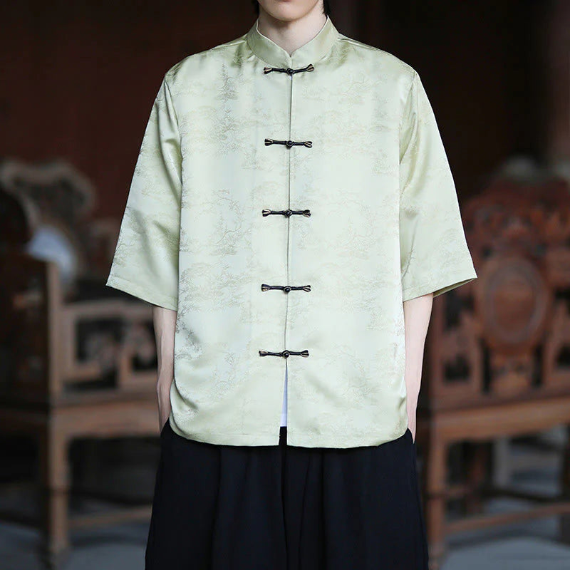Buddha Stones Summer Pine Tree Mountain Pattern Half Sleeve Frog-Button Design Men's Shirt