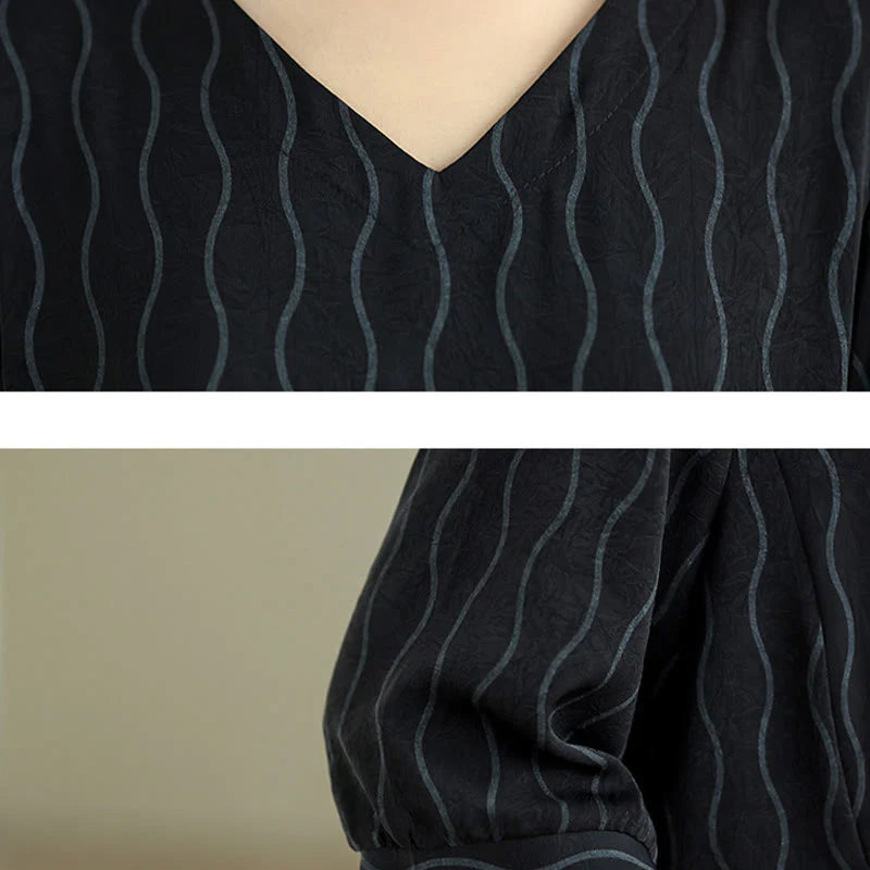 Buddha Stones 2pcs Striped Pattern Short Sleeve Shirt Polyester 7 Length Harem Pants Set With Pocket