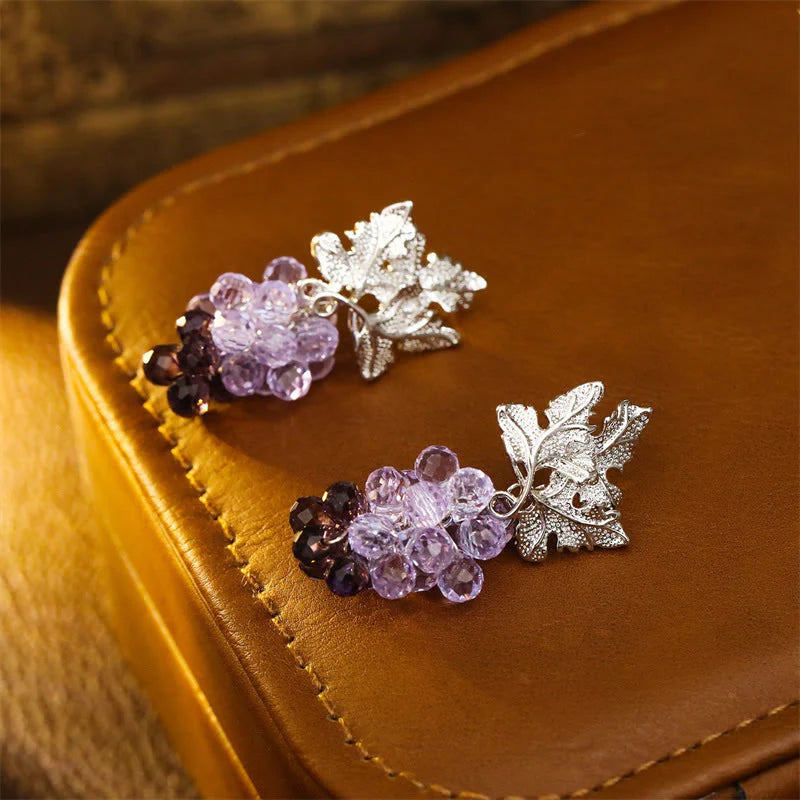 Buddha Stones Purple Grape Leaves Copper Wealth Stud Earrings
