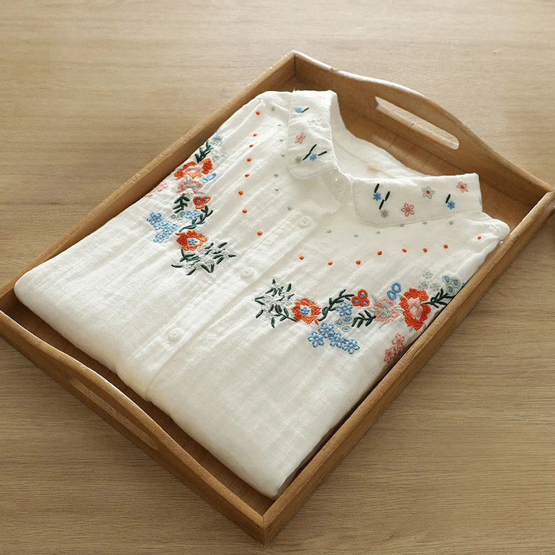 Buddha Stones Fall White Colorful Floral Embroidery Buttons Women's Cotton Long Sleeve Shirt