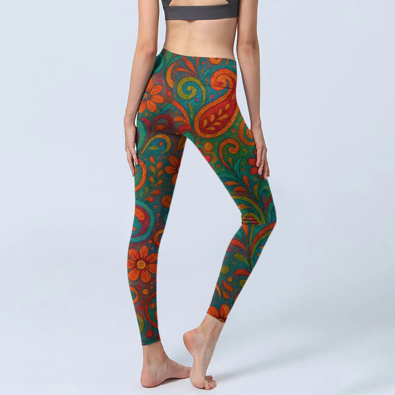 Buddha Stones Vibrant Swirling Florals Paisley Print Gym Leggings Women's Yoga Pants