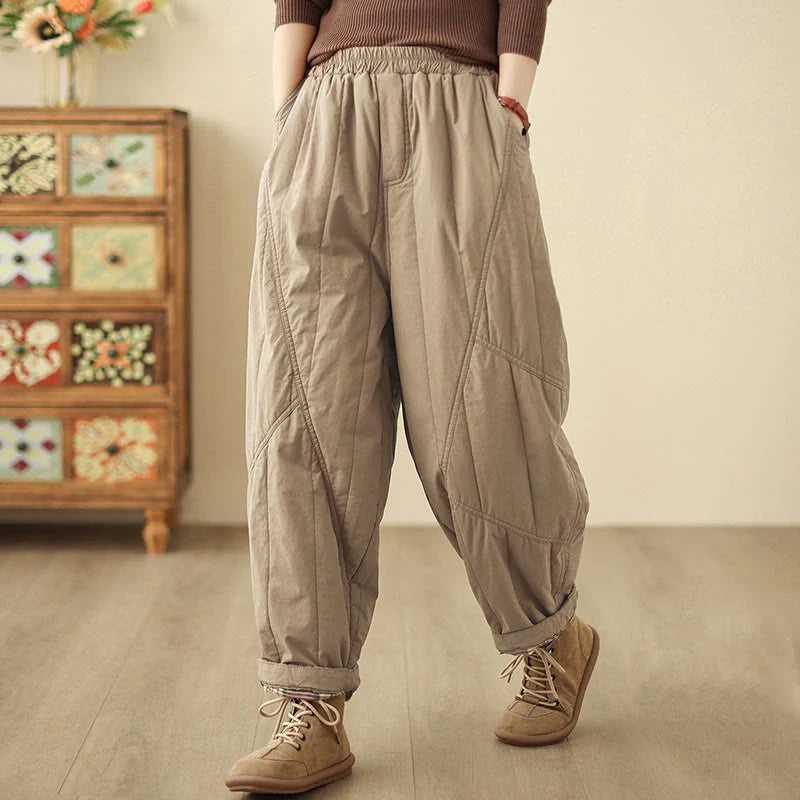 Buddha Stones Winter Plain High Waist Cotton Women's Harem Thermal Elastic Waist Pants With Pockets