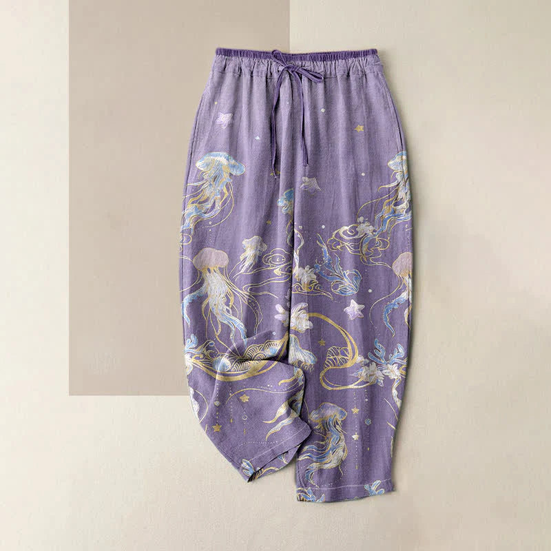 Buddha Stones Jellyfish Pattern Women's Pure Cotton Elastic Waist Pants With Pockets