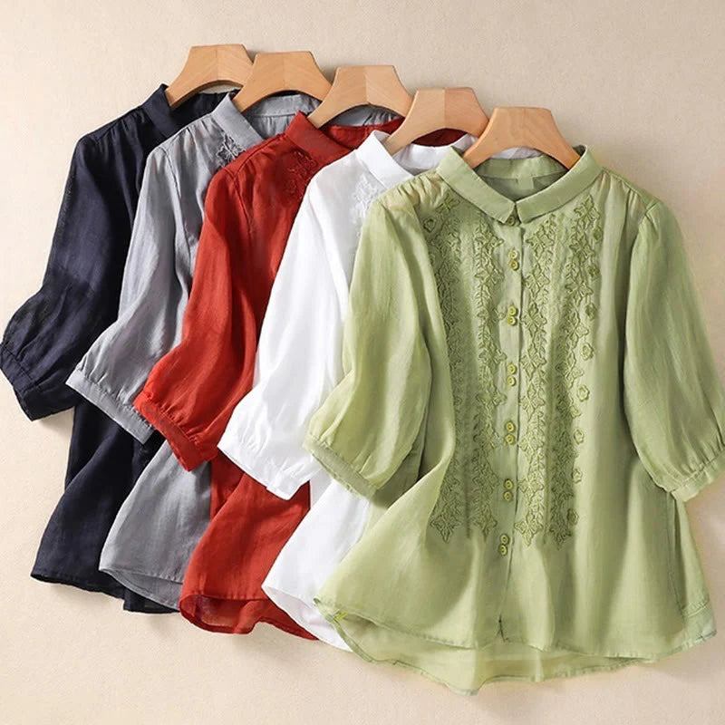 Buddha Stones Summer Plain Button Embroidery Flower Pattern Three Quarter Sleeve Lapel Cotton Linen Women's Shirt