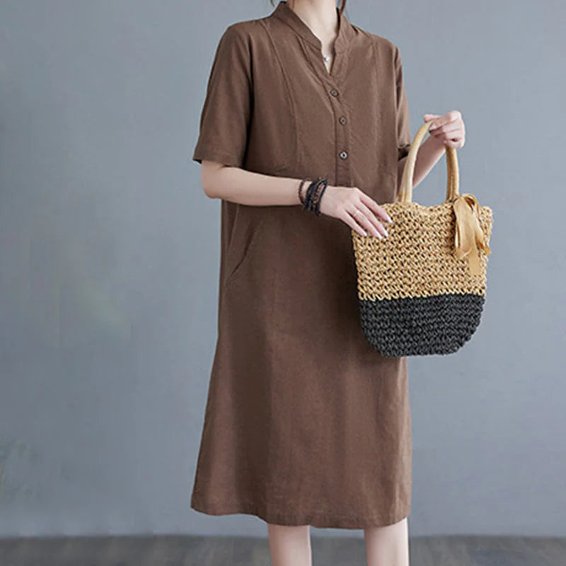 Buddha Stones Casual Daily Pure Color Button Design Short Sleeve Cotton Linen Midi Dress With Pockets