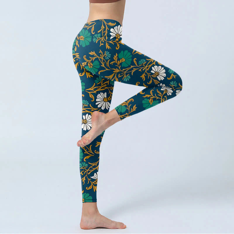 Buddha Stones Retro Pastoral Style Flowers Vines Pattern Print Gym Leggings Women's Yoga Pants