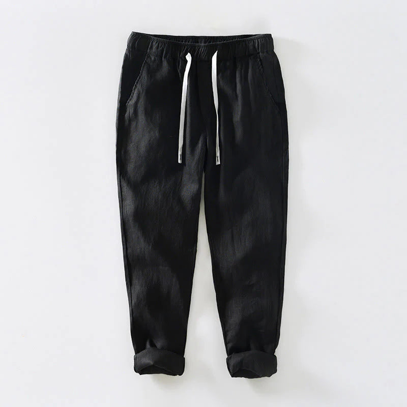 Buddha Stones Fall Solid Drawstring Elastic Waist Men's Linen Ankle-Length Pants With Pockets