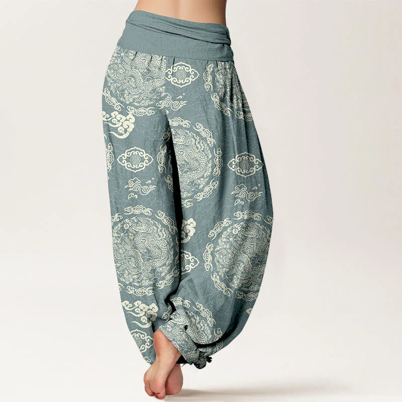 Buddha Stones Cotton Light Color Dragon Cloud Pattern Women's Elastic Waist Harem Pants