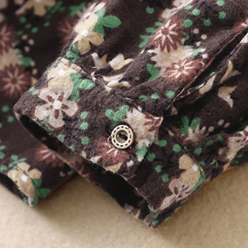 Buddha Stones Fall Floral Print Buttons Down Design Women's Cotton Long Sleeve Shirt