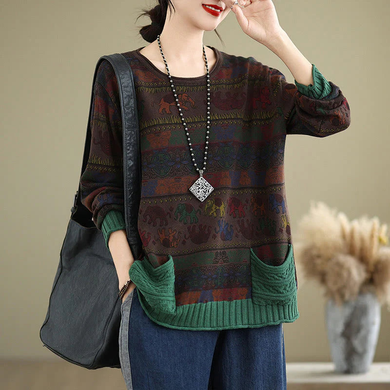 Buddha Stones Fall Elephant Pattern Knitted Cotton Women's Long Sleeve Sweater With Pockets