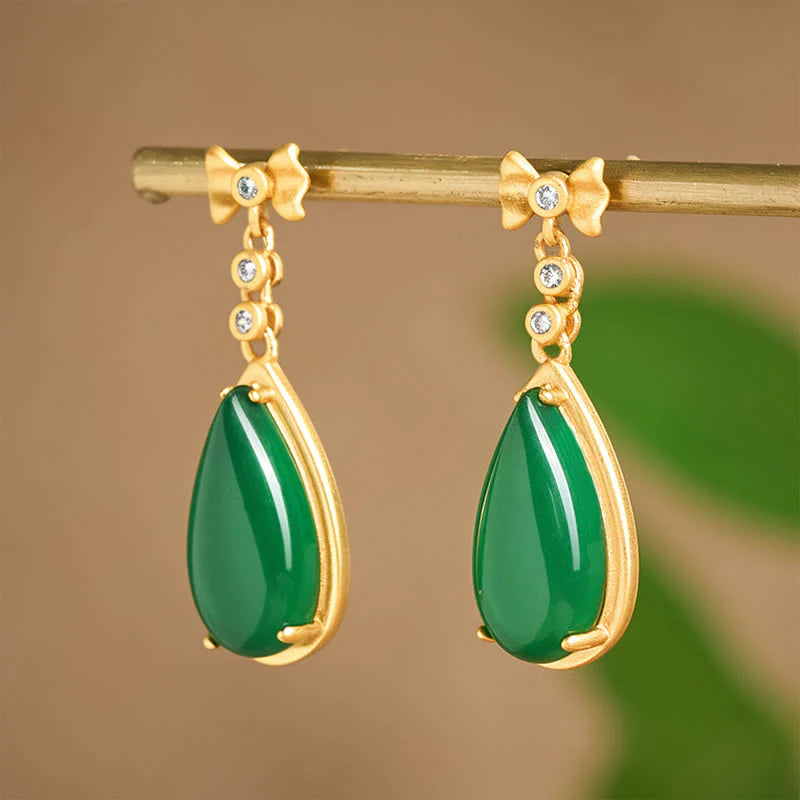 Buddha Stones Waterdrop Design Green Jasper Copper Plated Gold Balance Earrings
