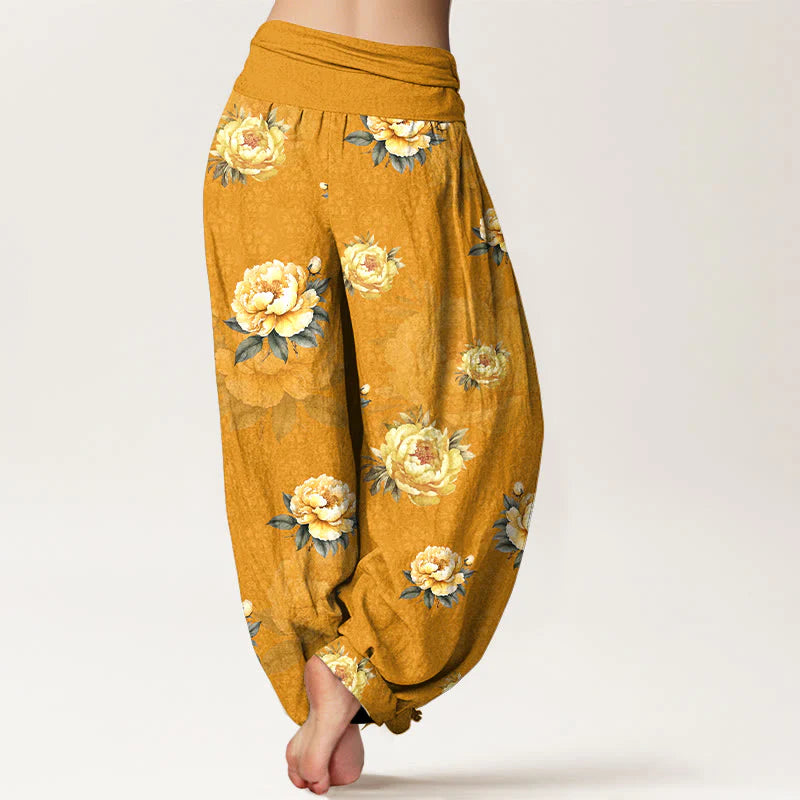 Buddha Stones Cotton Delicate Peony Pattern Women's Elastic Waist Harem Pants