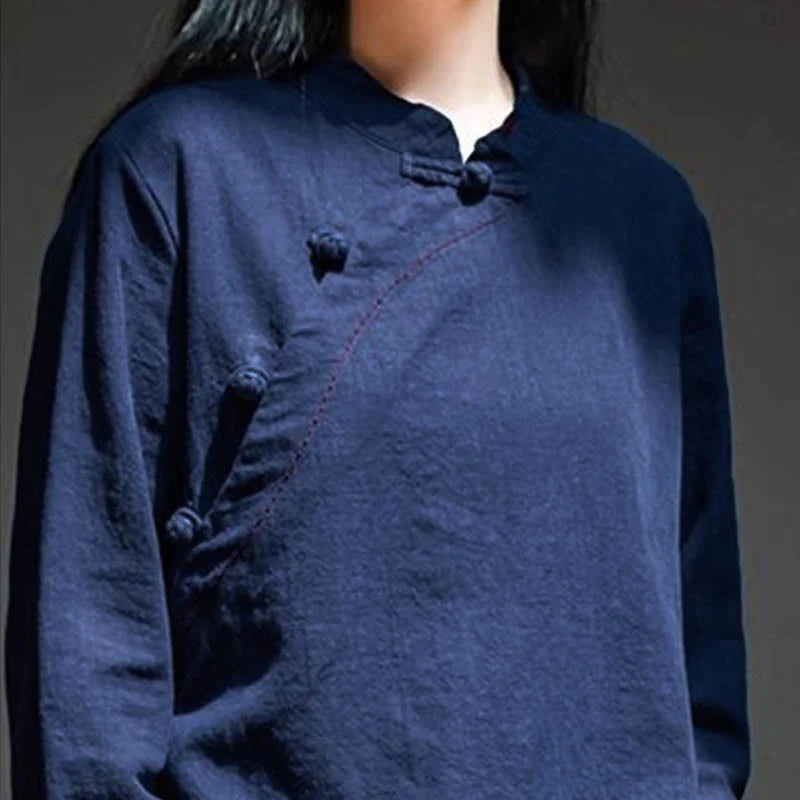 Buddha Stones Oblique Collar Knot button Loose Linen Clothing