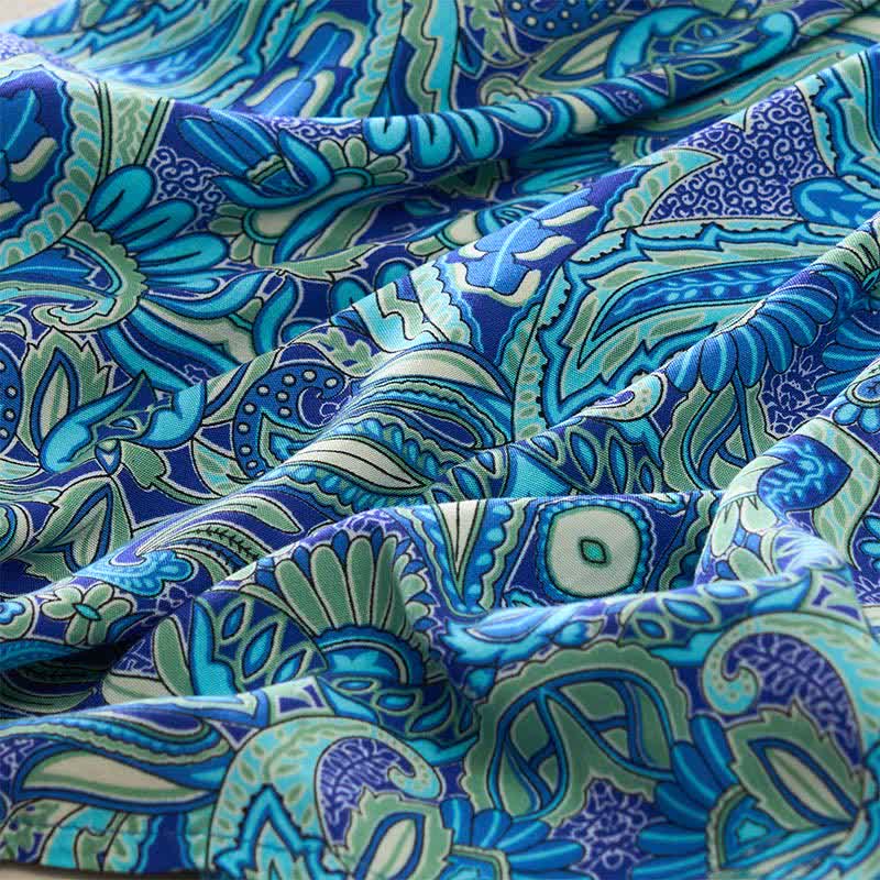 Buddha Stones Summer Peacock Paisley Tie Waist Viscose Lantern Sleeves Maxi Dress