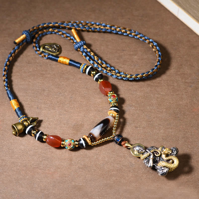 Buddha Stones Handmade Buddha Snake Skull Head Dzi Bead Serenity Rope Necklace Pendant (Extra 35% Off | USE CODE: FS35)
