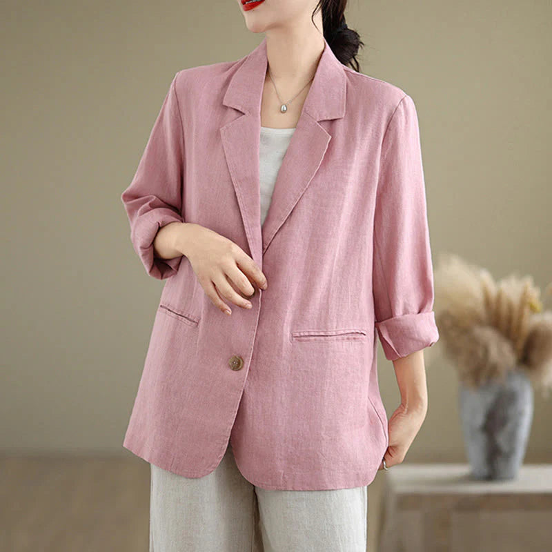 Buddha Stones Spring Solid Color Long Sleeve Cotton Linen Women's Jacket With Pockets