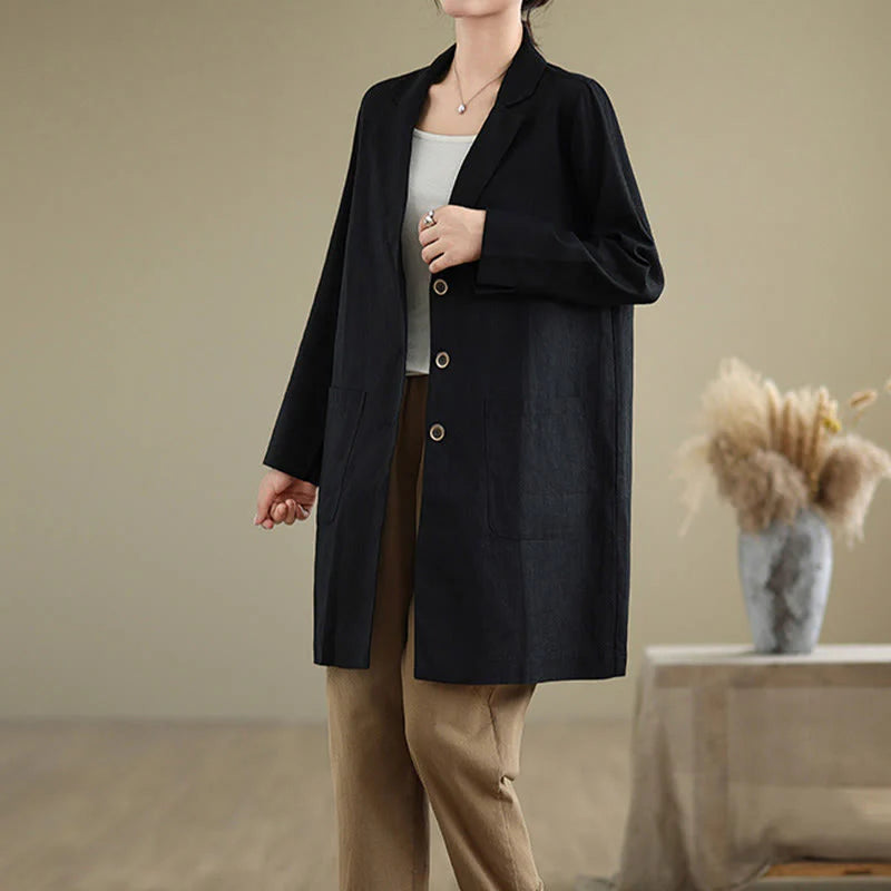 Buddha Stones Casual Fall Buttons Design Lapel Women's Cotton Linen Coat With Pockets