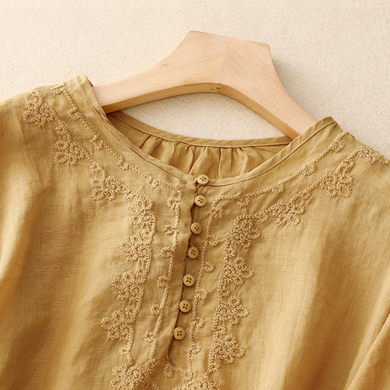 Buddha Stones Line Embroidery Button Crew Neck Half Sleeve Women's Cotton Shirt