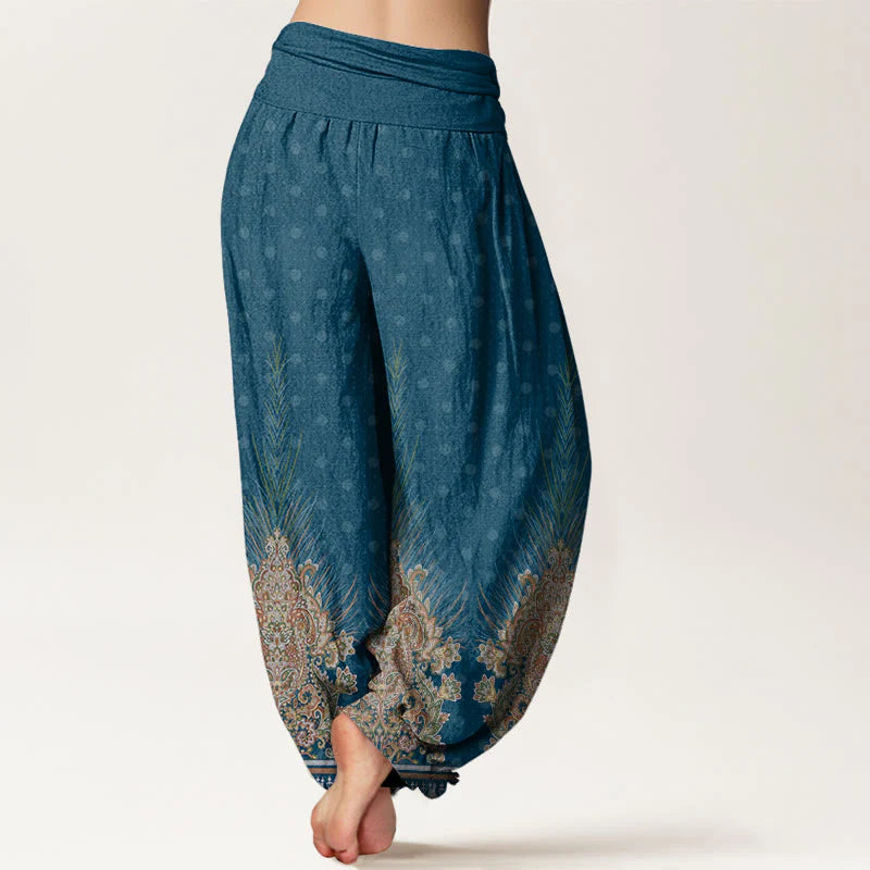 Buddha Stones Cotton Ethnic Peacock Floral Pattern Women's Elastic Waist Harem Pants