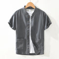 Buddha Stones Casual Buttons Design Stand Collar Men's Short Sleeve Cotton Linen Shirt With Pockets