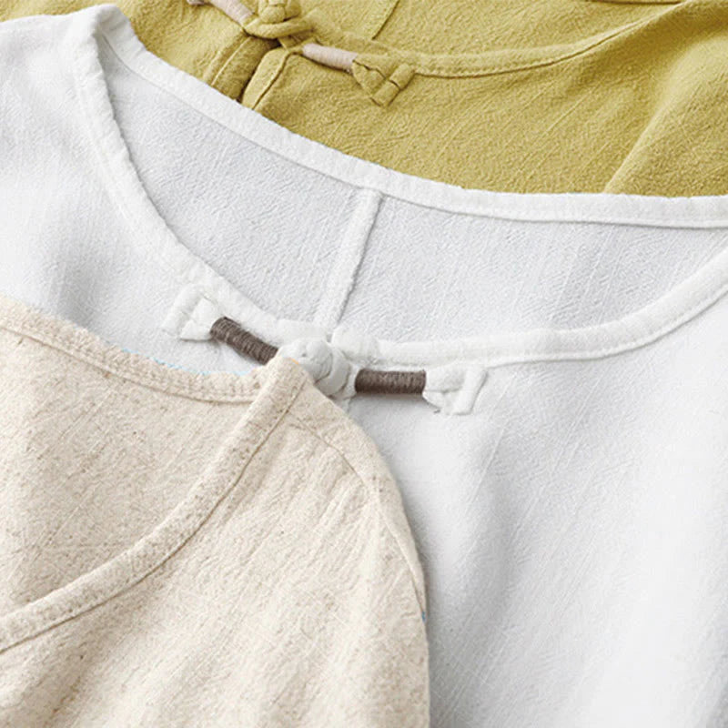 Buddha Stones Colorblock Side Slit  Frog-Button Cotton Linen Half Sleeve Women's Shirt With Pockets