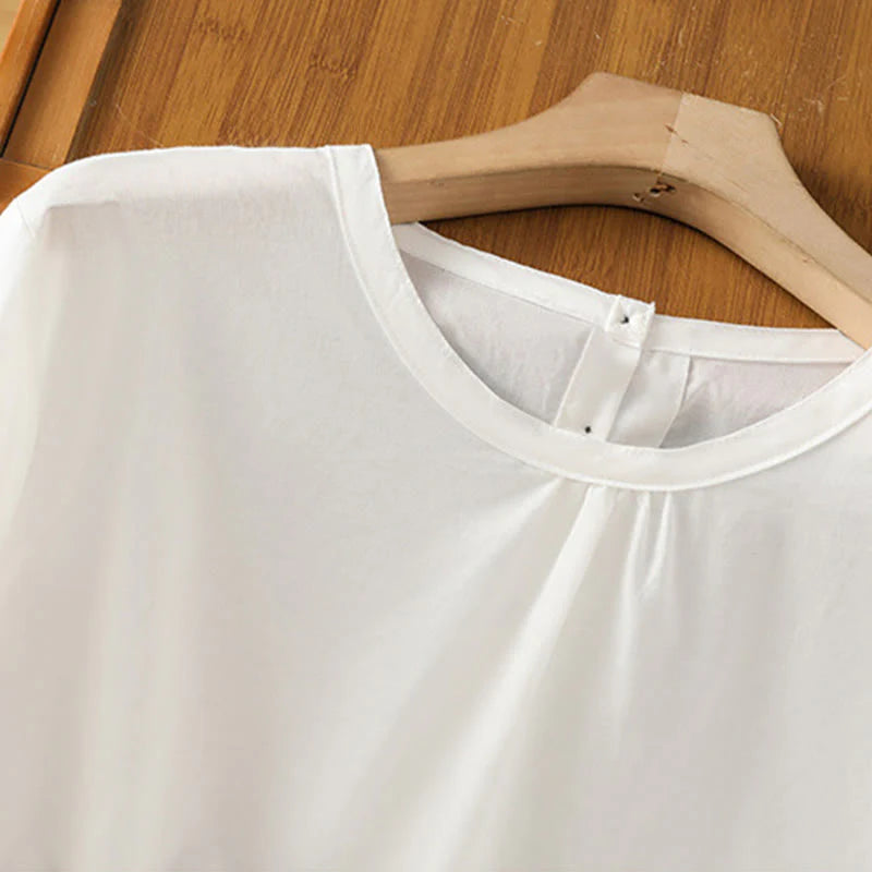 Buddha Stones Plain Lace Hem Single Breasted Button Cotton Linen Three Quarter Sleeve Women's Crew Neck Shirt