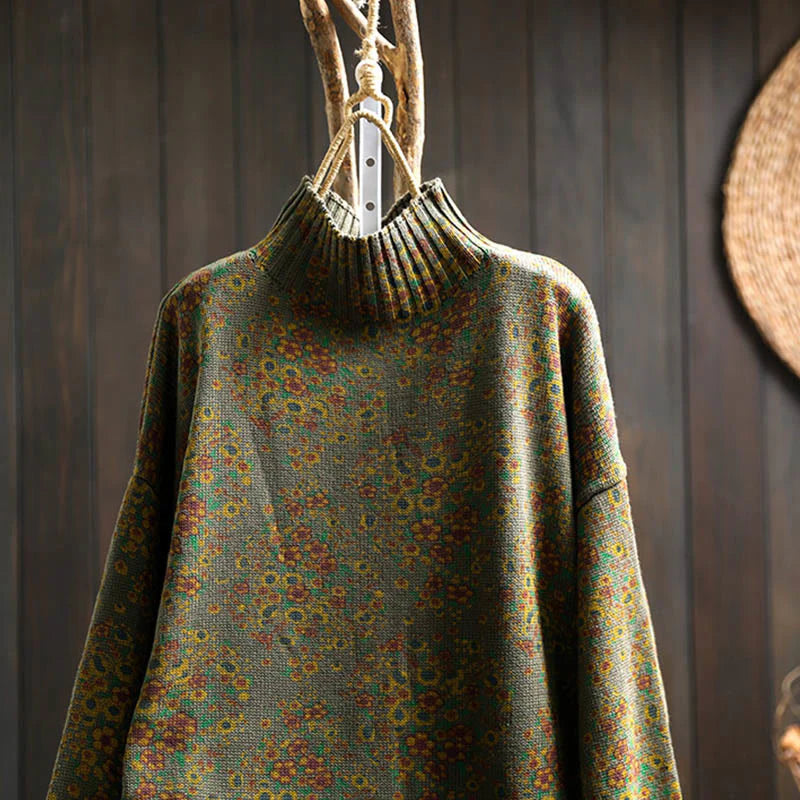 Buddha Stones Women's Knitted Floral Cotton Ribbed Hem Long Sleeve Mock Neck Sweater
