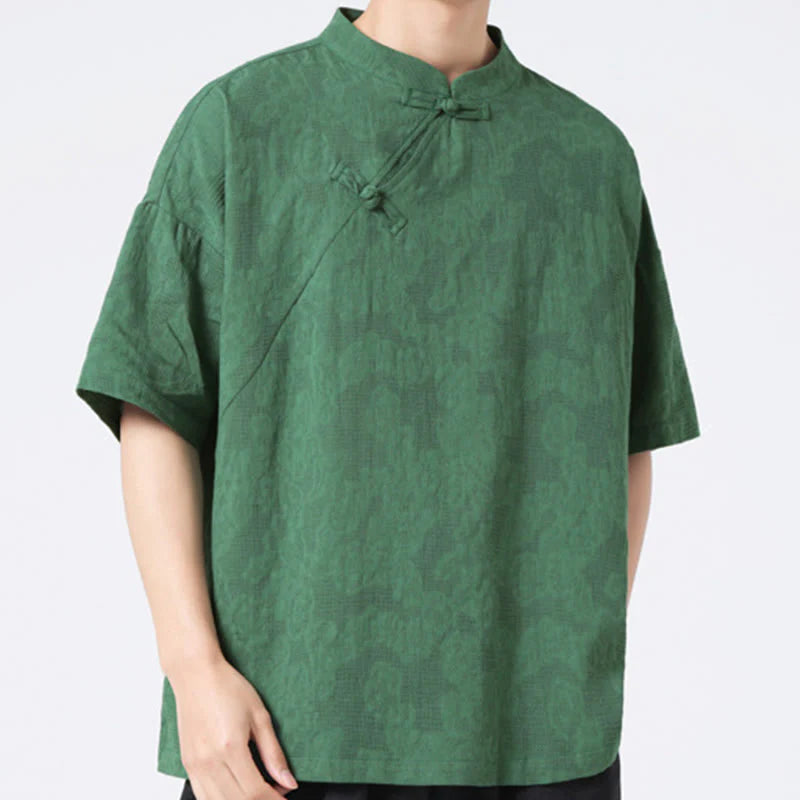 Buddha Stones Retro Pure Color Frog-Button Design Jacquard Flower Pattern Men's Short Sleeve Cotton Linen Shirt