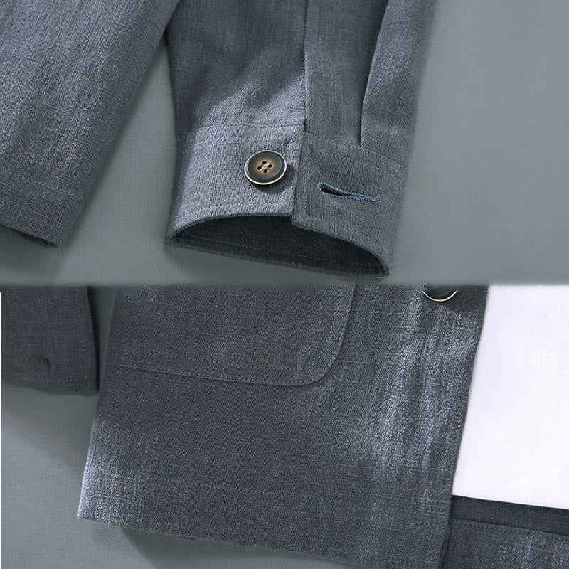 Buddha Stones Commute Plain Long Sleeve Button Lapel  Design Men's Ramie Linen Jacket With Pockets