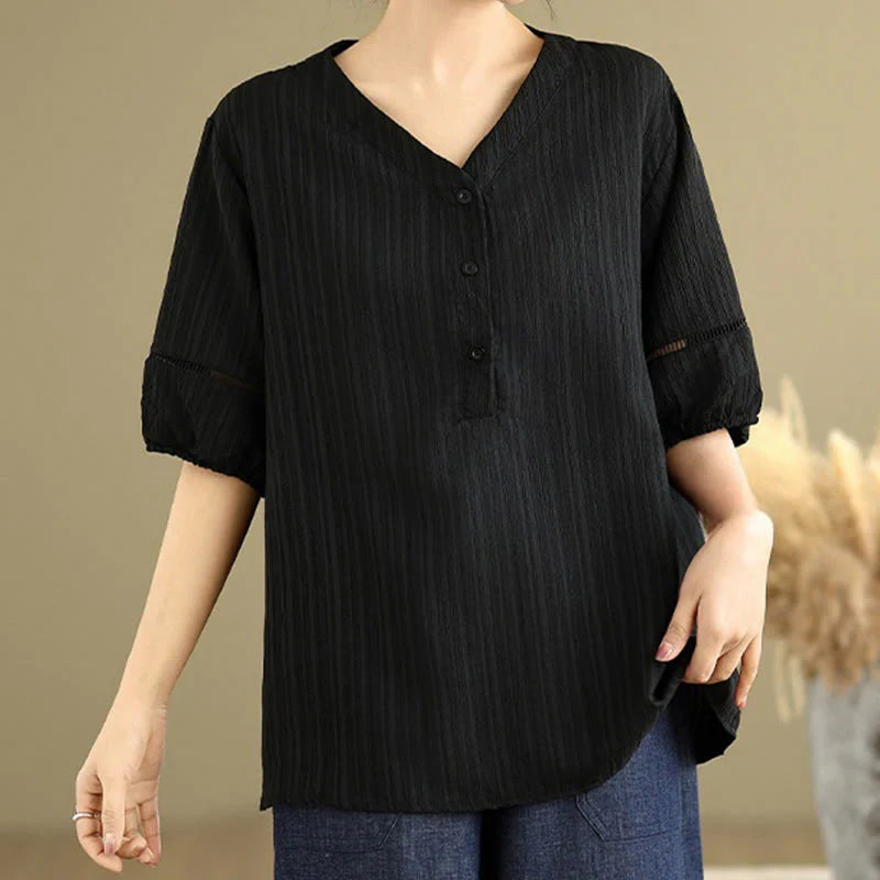 Buddha Stones Casual Plain Button V-Neck Women's Polyester Short Sleeve Shirt