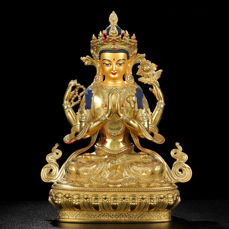Buddha Stones Chenrezig Four-armed Avalokitesvara Protection Copper Gold Plated Statue Decoration