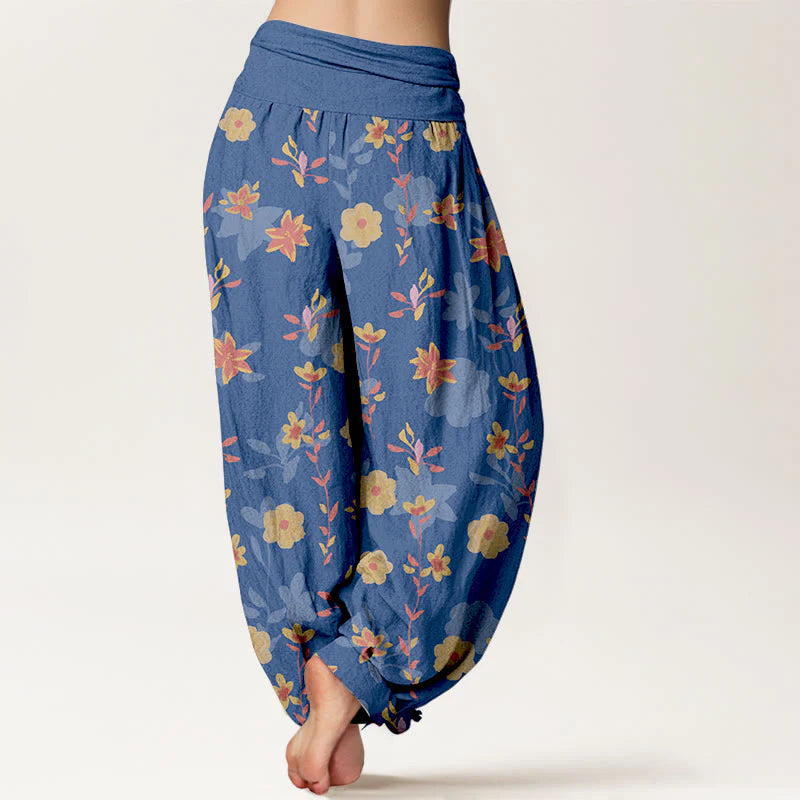 Buddha Stones Cotton Simple Refreshing Flower Leaf Pattern Women's Elastic Waist Harem Pants
