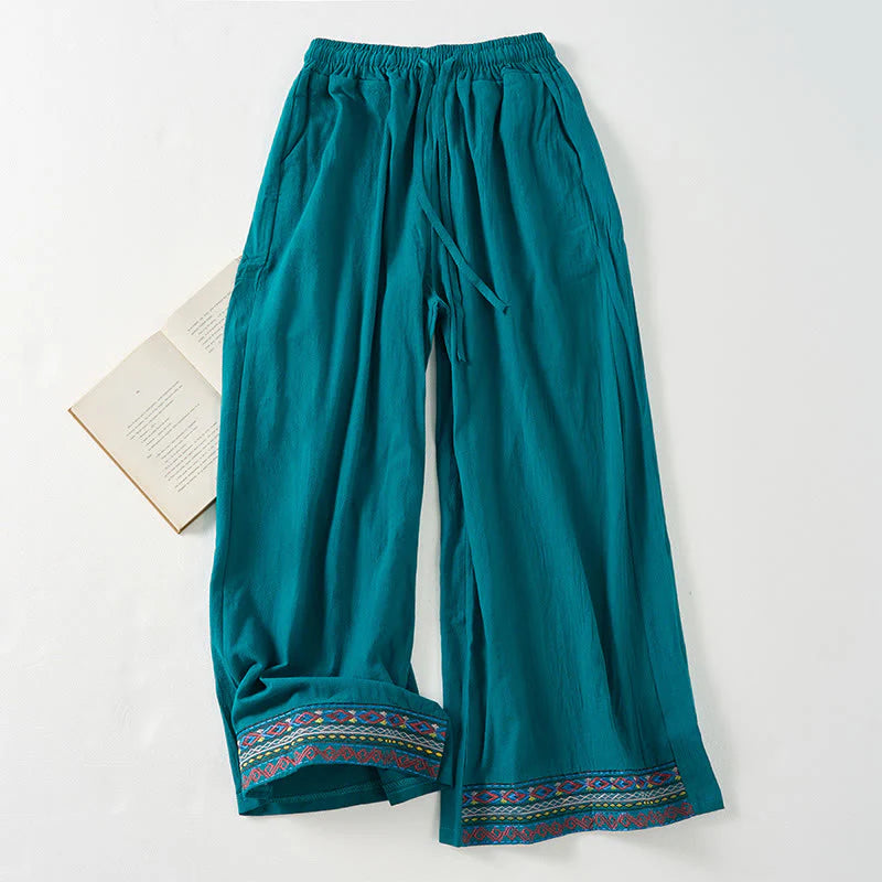 Buddha Stones Plain Bohemian Stripes Women's Wide Leg Pants With Pockets