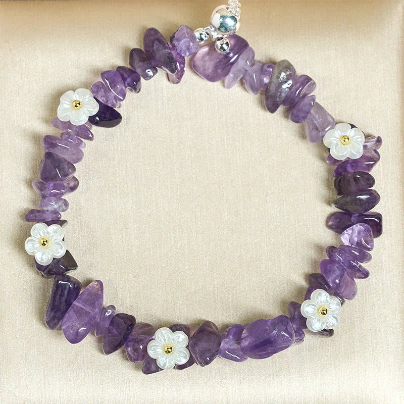 Buddha Stones Irregular Crystal Flower Design Amethyst White Crystal Balance Bracelet