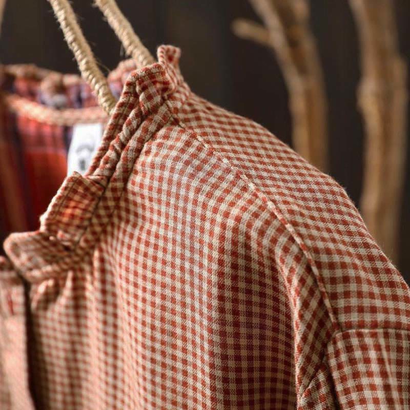 Buddha Stones Fall Tiny Plaid Button Down Ruffle Collar Long Sleeve Women's Cotton Shirt