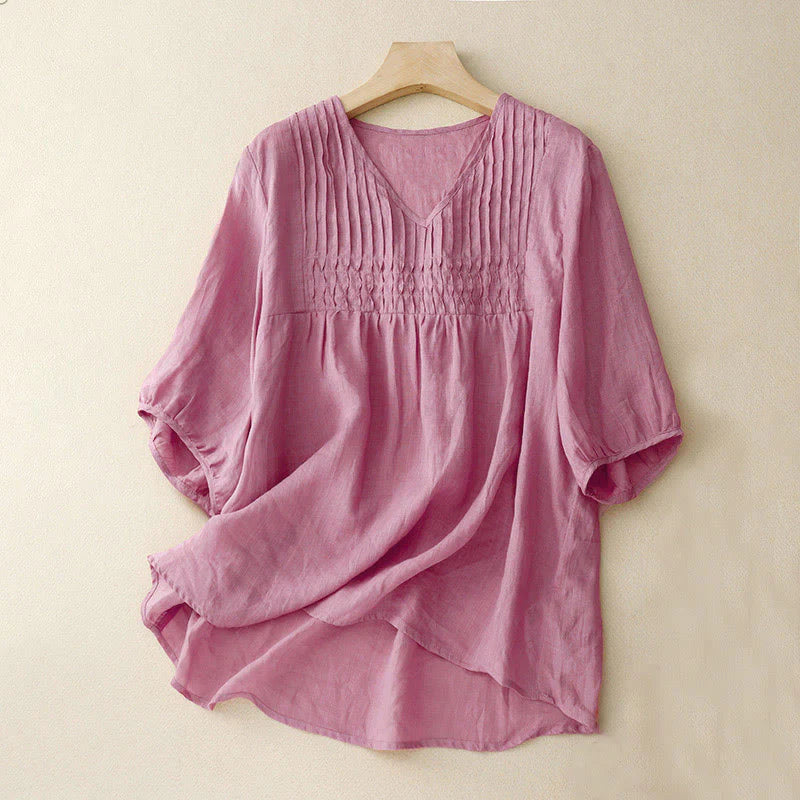 Buddha Stones Casual Plain Loose Women's V-Neck Design Half Sleeve Shirt