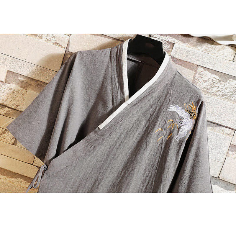 Buddha Stones Tang Suit Embroided Crane Pattern Lace-Up Side Men's Cotton Linen Short Sleeve T-Shirt