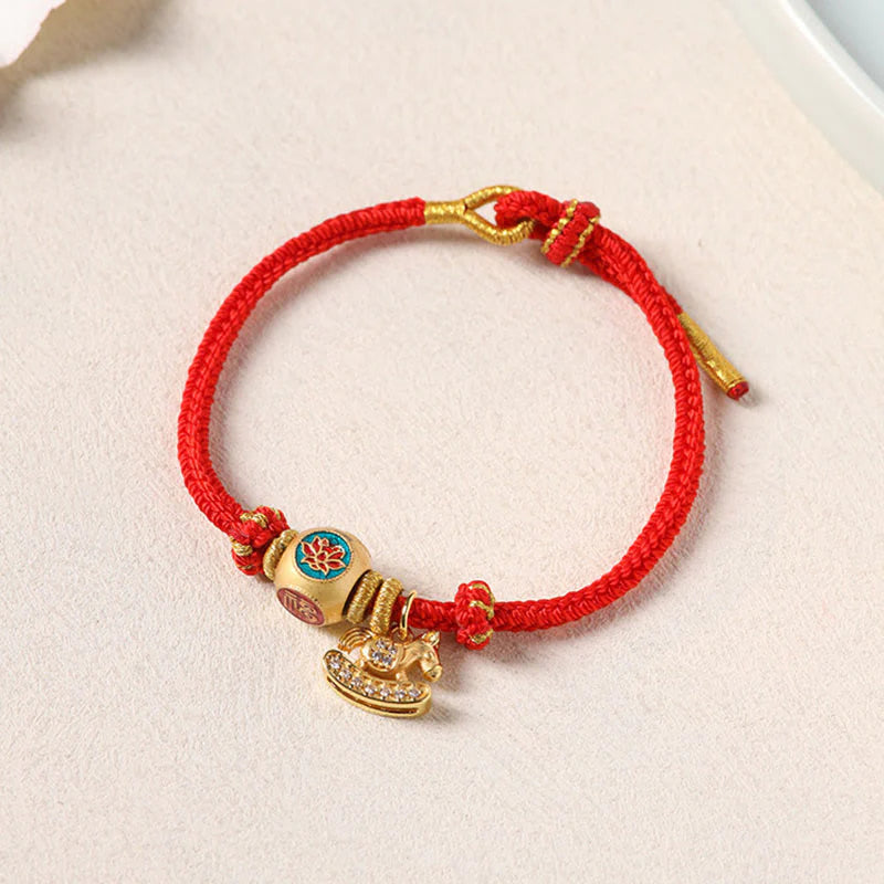 Buddha Stones Year Of The Horse Copper Red String Fu Character Lotus Luck Bracelet