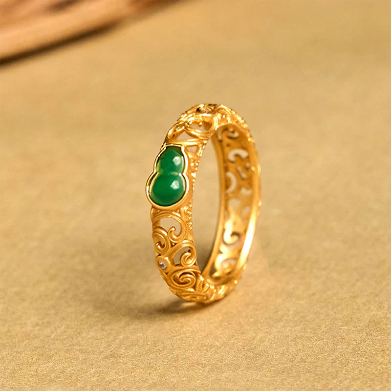 Buddha Stones Vintage Gourd Green Chalcedony Copper Alloy Wealth Ring