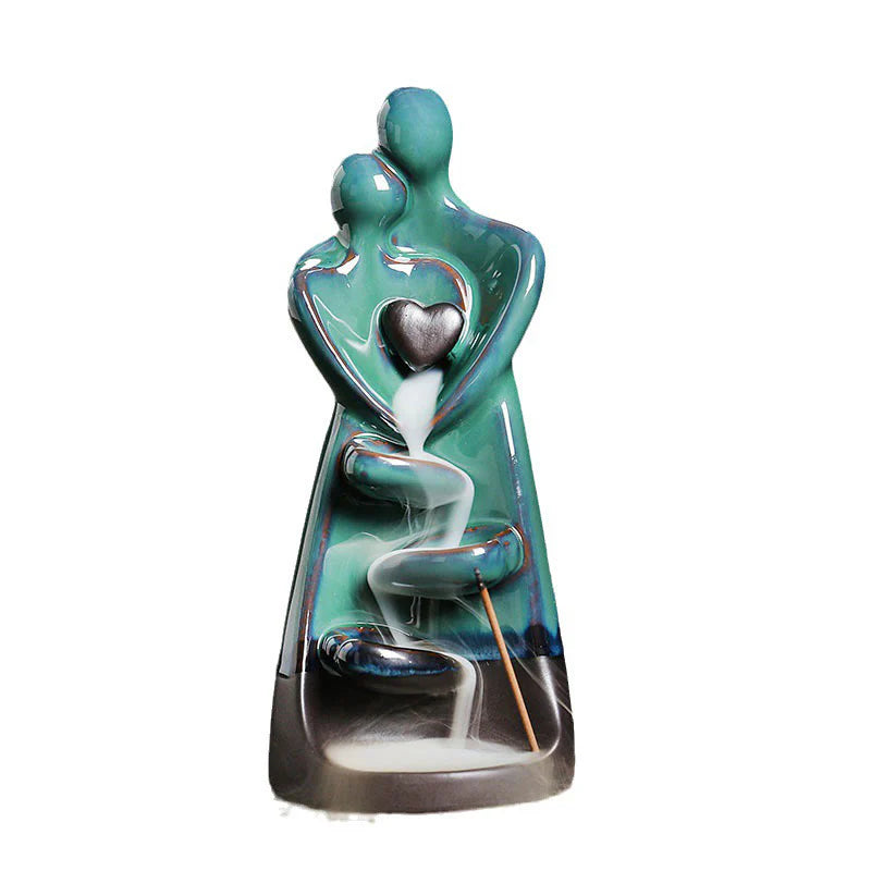 Buddha Stones Lovers Couple Embrace Love Ceramic Backflow Smoke Fountain Healing Incense Burner Decoration