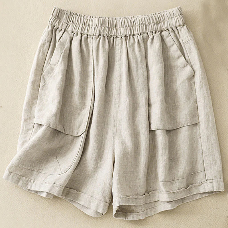 Buddha Stones Summer Casual Plain Cotton Linen Women's Elasti Straight Shorts With Pockets