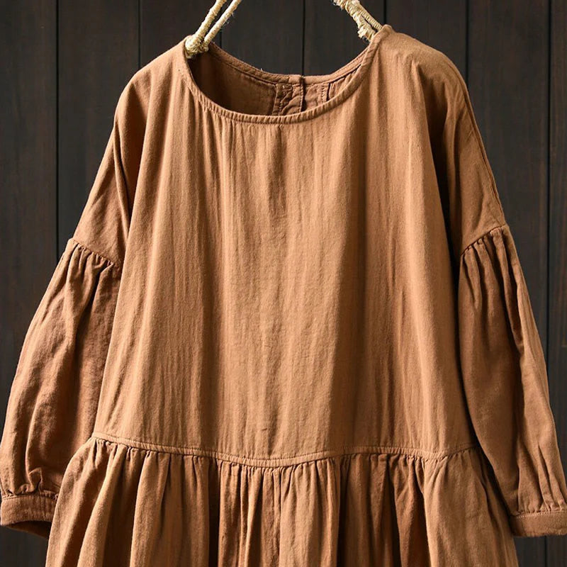 Buddha Stones Summer Solid Color Crew Neck Half Sleeve Cotton Midi Dress With Pockets