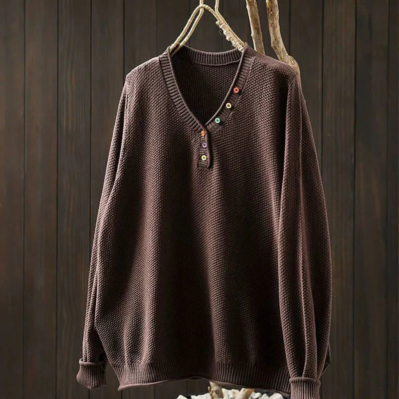 Buddha Stones Fall Colorful Buttons V-Neck Cotton Women's Long Sleeve Knitted Sweater
