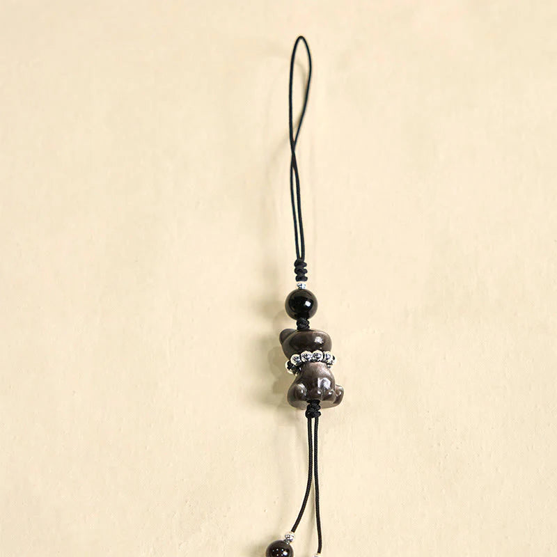 Buddha Stone Natural Silver Sheen Obsidian Noble Kitten Cat Soothing Phone Hanging Decoration