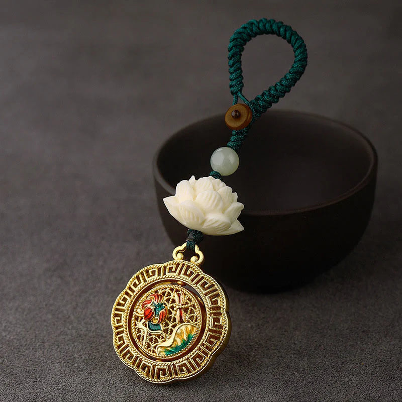 Buddha Stones Bodhi Seed Lotus Hetian Jade Bead Copper Rotatable Peace Key Chain