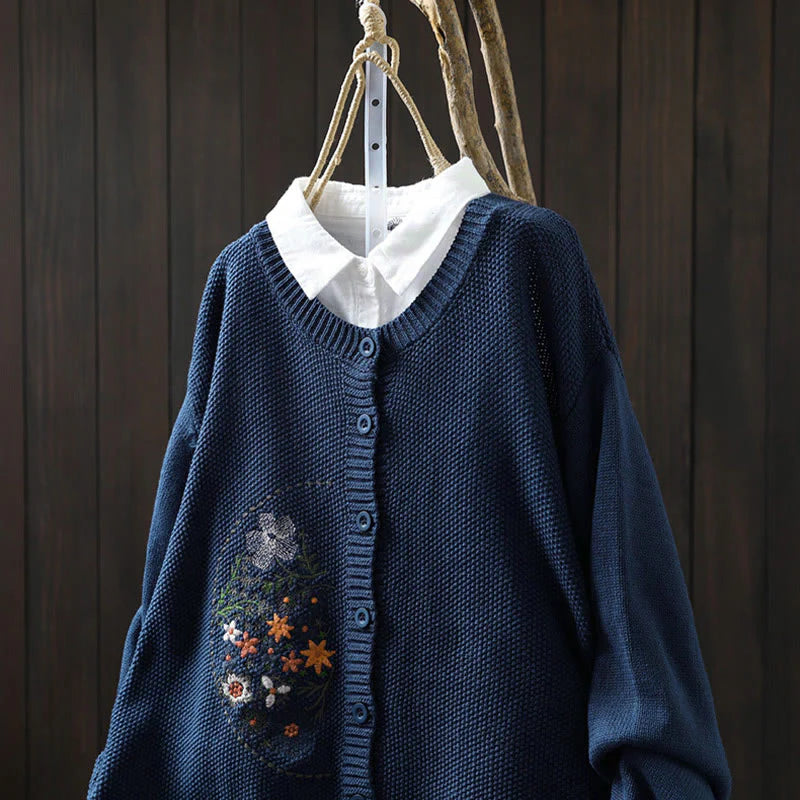 Buddha Stones Floral Embroidery Buttons Cotton Women's Long Sleeve Knitted Cardigan Sweater
